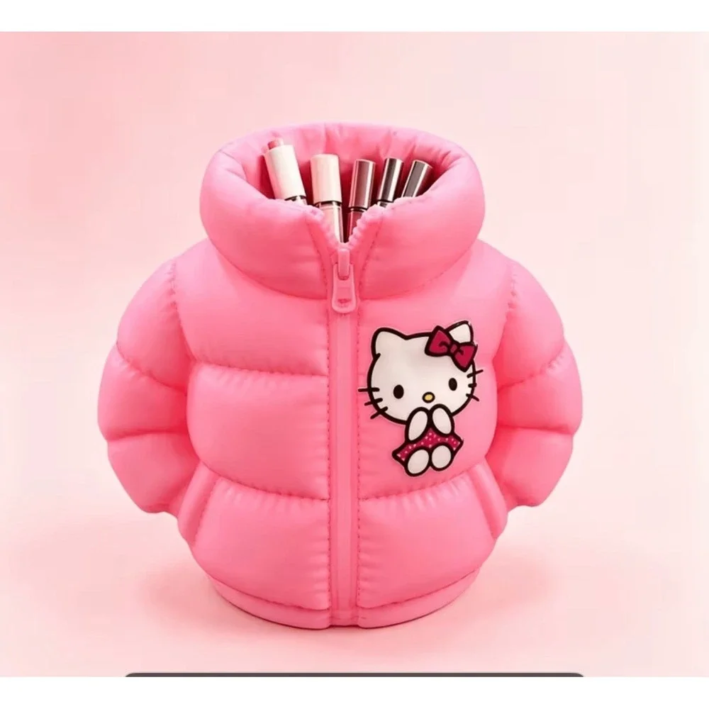 Hello Kitty Sanrio Gingham Notebook and Puffer Jacket Pen Holder Stationery Set